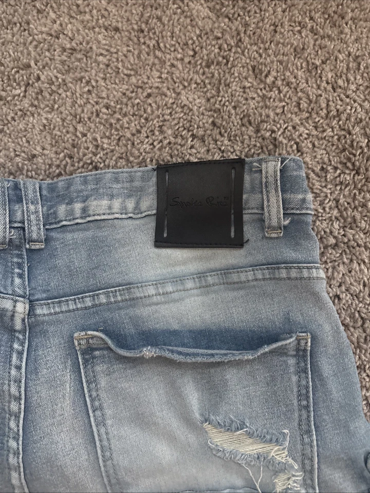 Jeans masculino Smoke Rise azul empilhado vários bolsos, tamanho W34, desgastado - Imagem 3 de 4