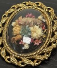 Vintage Gold Tone Floral Bouquet Brooch Oval Filigree Frame Domed Glass — photo 2