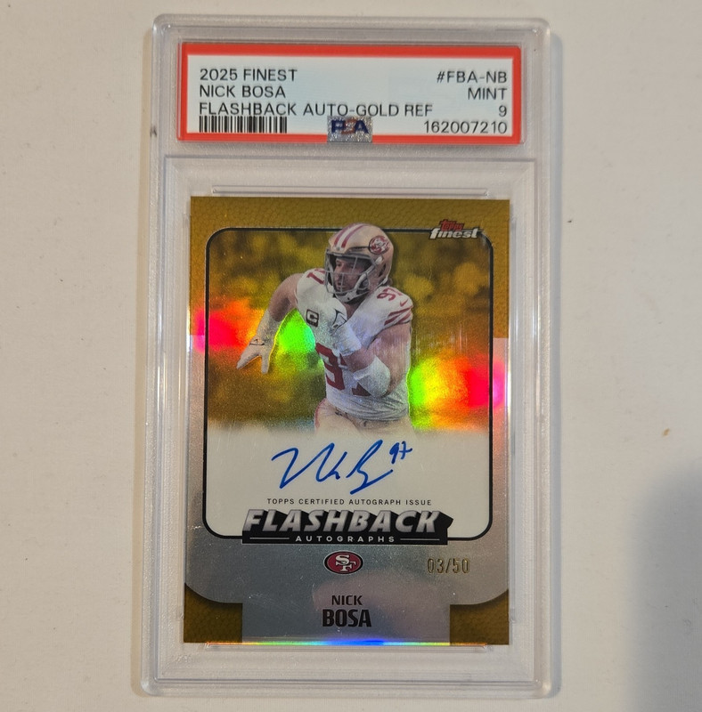Topps 2025 Finest Nick Bosa Flashback Auto Gold Refractor /50 PSA 9 FBA-NB