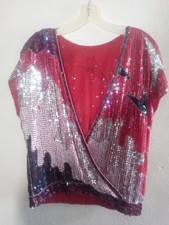 Vtg, Sequin Blouse '70s Or '80s Rap Crossover Red Silver And Black Medium,Disco