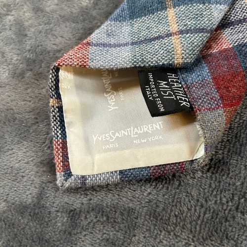 Yves Saint Laurent YSL Tie Wool Blend Plaid Heather Mist Italy Blue Red Mens - Picture 8 of 9