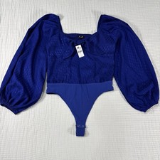 Express Bodysuit Womens Medium Blue Puff Sleeve Thong Snap Shiny Party Preppy