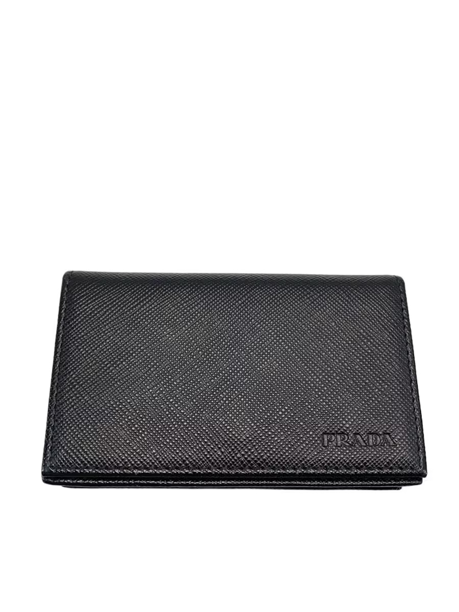 PRADA Saffino Leather Business Card Holder in Black with All-Over Print, Men's, 