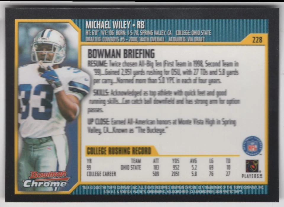 2000 BOWMAN CHROME ROOKIE Michael Wiley Rookie Dallas Cowboys #228 - Image 2 of 2