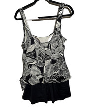 Azul by Maxine of Hollywood Black Tropical One Piece Swimdress Womans Size 14
