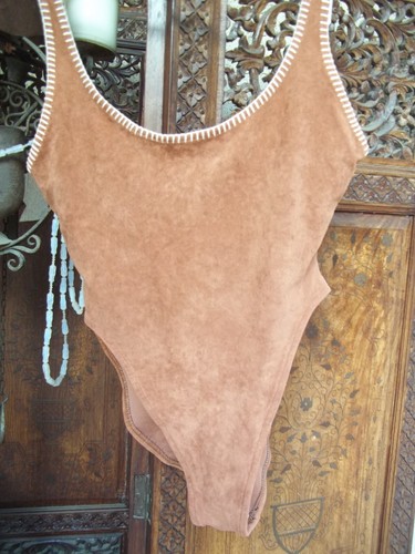 Vtg 70's Faux Suede Leather Swim Bathing Suit High Hip sz 38-40" M L Shok USA - Picture 4 of 20