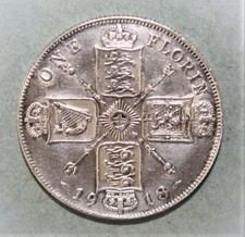 S8 - Great Britain 1 Florin 1918 Almost Unc. / Uncirculated Silver Coin *** Nice
