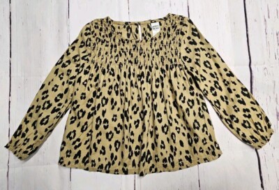 CARTER'S GIRLS 4T BLACK BROWN SMOCKED LEOPARD CHEETAH KEYHOLE BACK L/S TOP