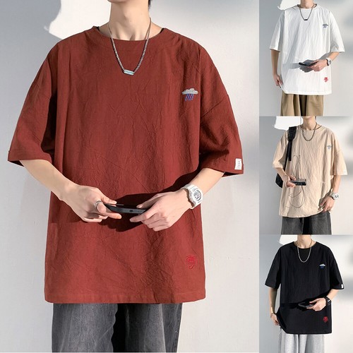 Mens Short Sleeve T-Shirts Loose Summer Blouse Breathable Solid Casual Tee"