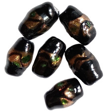 Beads, Glass, Set of 6, Black - 17 mm, Gold Sand Lamp Work, 2.5 mm Beading Hole
