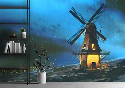 3D Windmill Sky Night Watercolor Wallpaper Wall Murals Removable Wallpaper