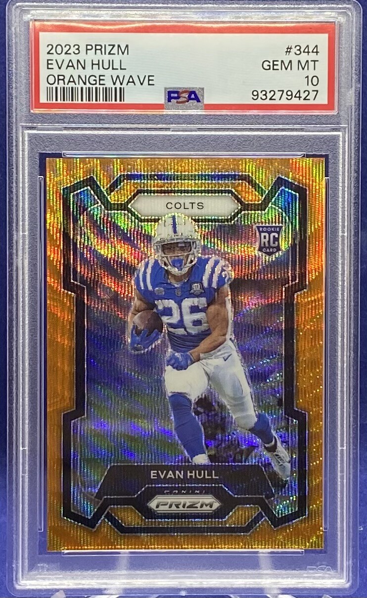 2023 Panini Prizm Evan Hull Orange Wave RC 23/60 #344 Colts Rookie PSA 10