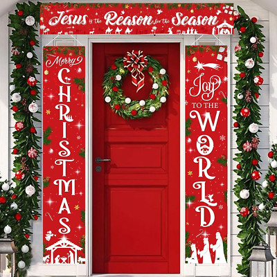 Christmas Nativity Door Banner Red Merry Christmas Joy to the World Banner New