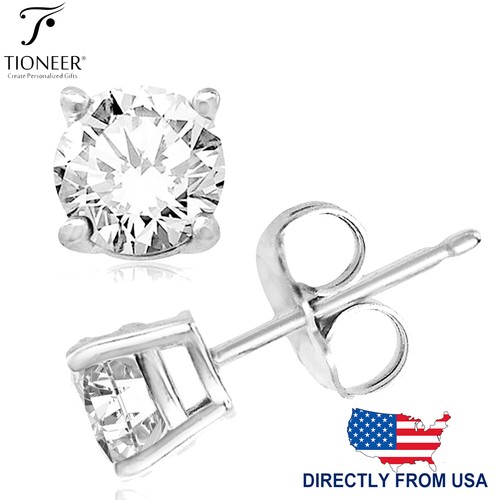 Sterling Silver 925 Brilliant Round Cut Clear CZ Men Women Ear Stud Earrings