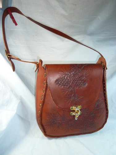 Vintage Handmade Leather Saddle Shoulder Bag-ADJ Strap-Pine Cone Tooled Design