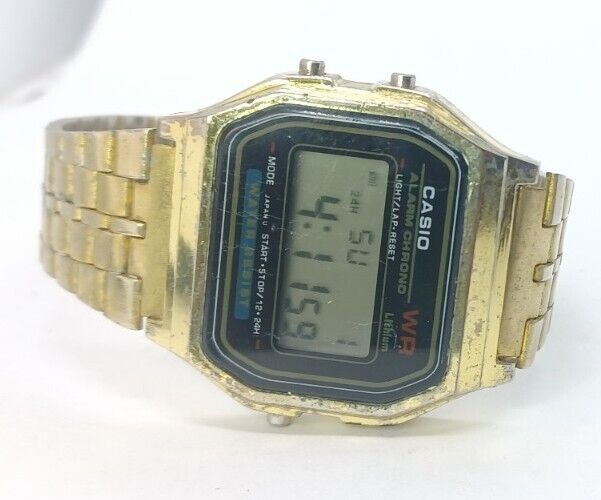 Men Casio Watch 593 A159w Gold Case Steel Bracelet Alarm Men Casio Watch 593 A159w Gold Case Steel Bracelet Alarm
