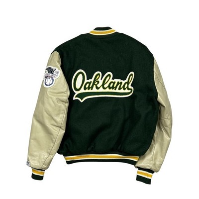 VTG 90s MLB OAKLAND ATHLETICS A's DELONG VARSITY JACKET AUTHENTIC SPELL OUT 44