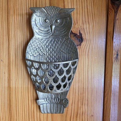Solid Brass Owl Wall Pocket Boho 7x15'' Vtg Handcrafted Taiwan Multi-Use Large
