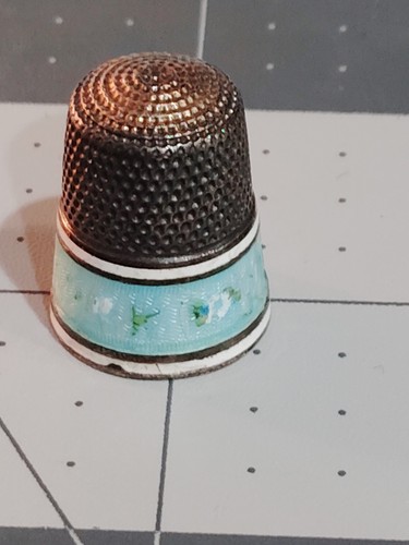 Antique Sterling Silver & Enamel Thimble Color Blue And White - Picture 4 of 7