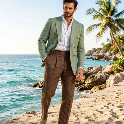 Double Breasted Linen Jacket Mens Summer Casual Suit Jacket Beach Wedding