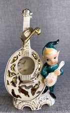 Vtg 1956 Lipper & Mann Pixie Elf In Green with Lute Planter/Figurine JAPAN 7.5”H
