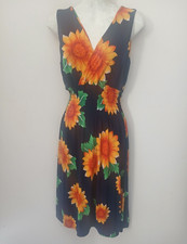 Women's dark blue Sunflower Floral Smocked V-Neck Sleeveless Midi Sundress M/L