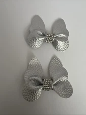 Butterfly Hair Bows with Silver Gray - Set 2 Inches Faux Leather Rhinestone