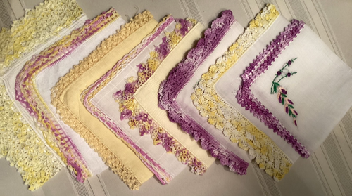 Lot 8 FANCY Vintage Lace Crochet Handkerchiefs Yellow Purple Embroidered Linen