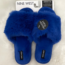 Nine West Women  s Blue Faux Fur Memory Foam Slide Slippers Open Toe Size 7