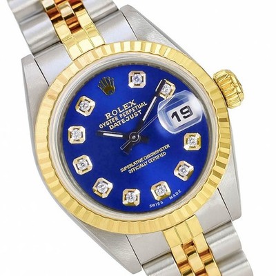 Rolex Datejust Ladies 26mm Two-Tone Blue Genuine Diamond Dial Jubilee Band Watch