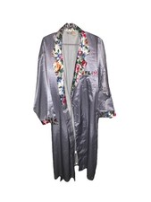 Kathryn Glossy Satin Blue White Stripe Floral Cottagecore Pocket Tie Robe L
