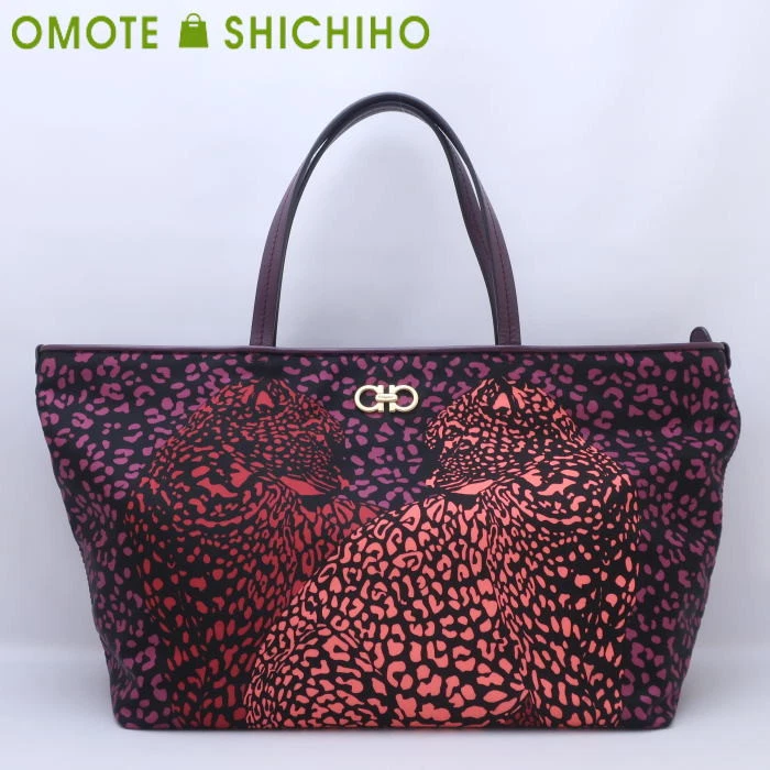 Ferragamo — Salvatore Ferragamo Leopard Tote Bag Shoulder Bag Nylon Purple Leopard Print