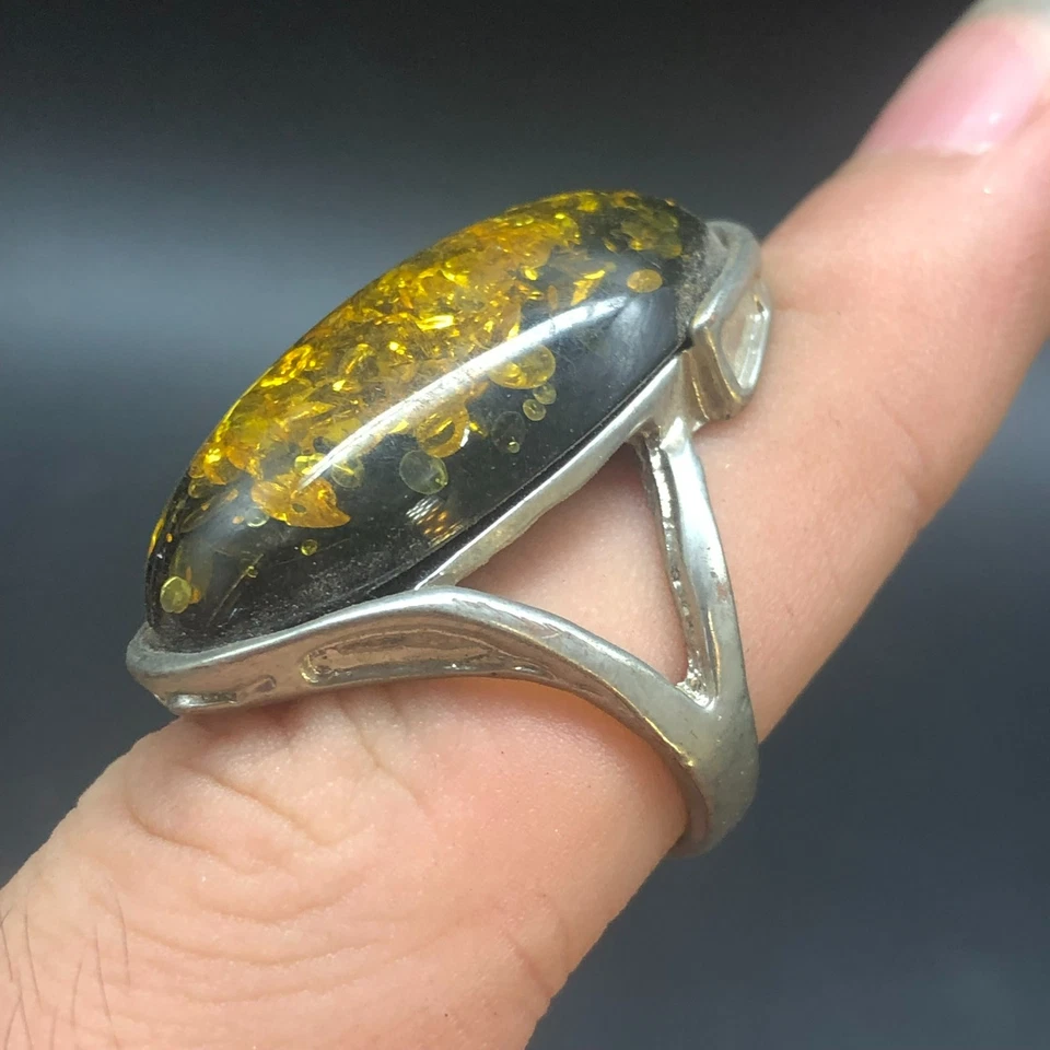 Tibetan  Old Silver Amber Ring A14 - Image 3 of 4
