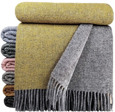 Wolldecke 100% Schurwolle Wohndecke Plaid Decke 140 x 200 cm Grau-Gelb (DF)