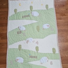 Pottery Barn Kids Quilt Embroidered Farm Green White Beige Cotton Crib