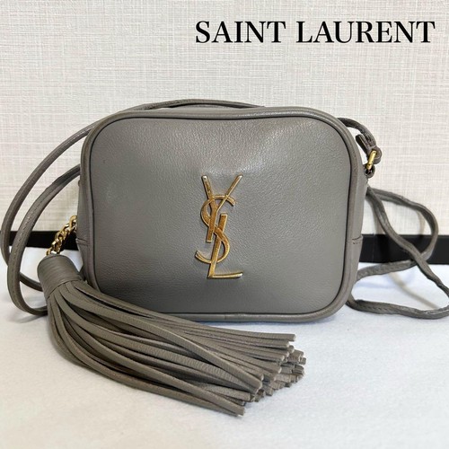 YSL Saint Laurent Blogger Shoulder Bag Crossbody Gray Leather Tassel Logo Womens