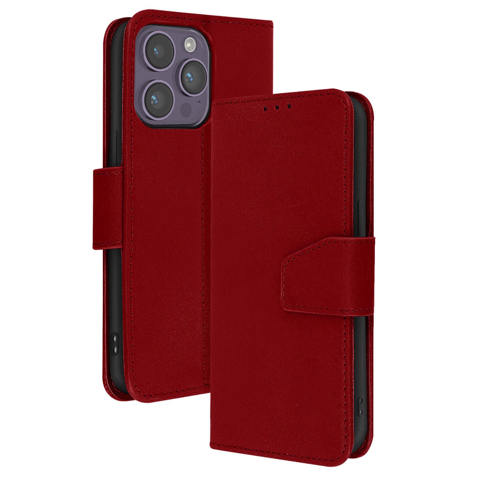 Housse cuir iPhone 14 Pro rouge pour bureau et voyages avec clapet support