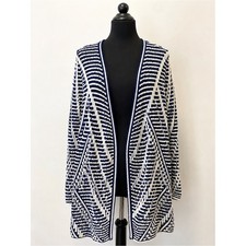 NIC ZOE Navy Ivory Geometric Textured Knit Cotton Cardigan Chunky Cozy Sweater
