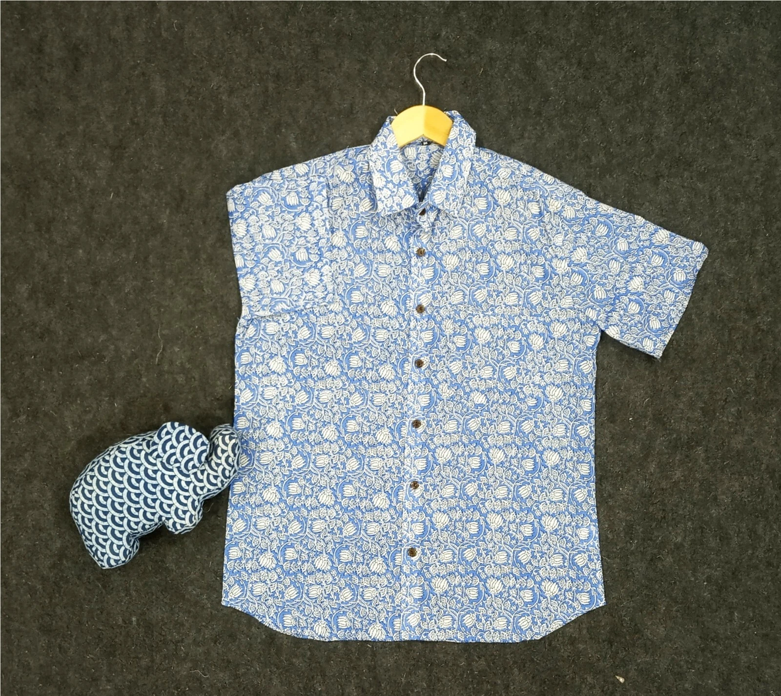 Indian Blue Floral Print Cotton Men's Shirt Handmade Boy Partywear Shirt 2XL AU