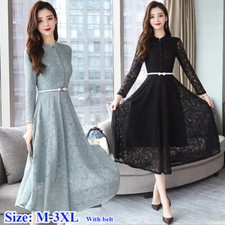 Abito Elegante In Pizzo Donna Ricamo Slim Manica Lunga Alta Vita Con Cintura