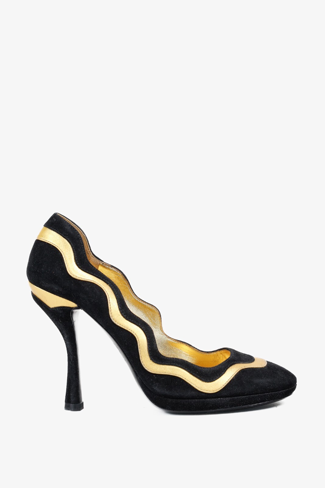 Prada Black Gold Suede Scalloped Heel Sandals Size 6.5 SS08 Wavy Stripe