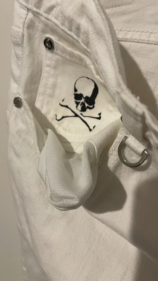 Pantalones de mezclilla Mastermind Japan Light Distress ajustados blancos talla US 32 Foto 3 de 4