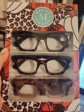 MARTHA STEWART 3 PACK READING GLASSES THICK SQUARE READERS black, tan, tortoise
