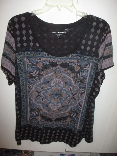Lucky Brand Womens 2X Black Peasant Top Shirt Blouse Boho Short Sleeves