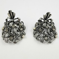 Vintage Signed MUSI Floral Bow Rhinestone Silver Tone Shoe Clips