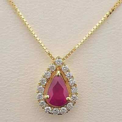2 CT Lab-Created Ruby Halo Tear Drop Pendant 18''Necklaces 14k Yellow Gold Plated