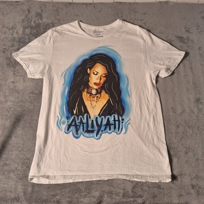 Aaliyah T-Shirt Large White Blue Airbrush Style Hip Hop Memorial R&B Rap