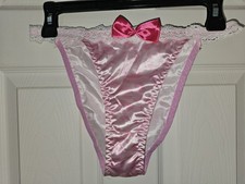 Vintage Girly Glossy Satin String Bikini Rose Pink Panties. Size Large