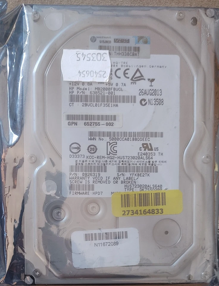 Hard Disk SAS HP 2 TB SAS MB2000FBUCL Quasi Nuovo  (  2000h) - Immagine 3 di 4