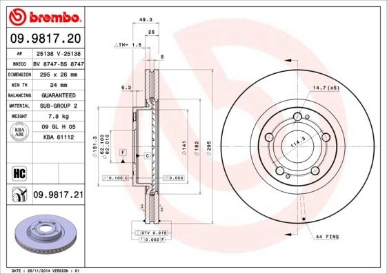 Disque de frein TOYOTA pack double BREMBO 09.9817.21 pièce de rechange essieu avant auto